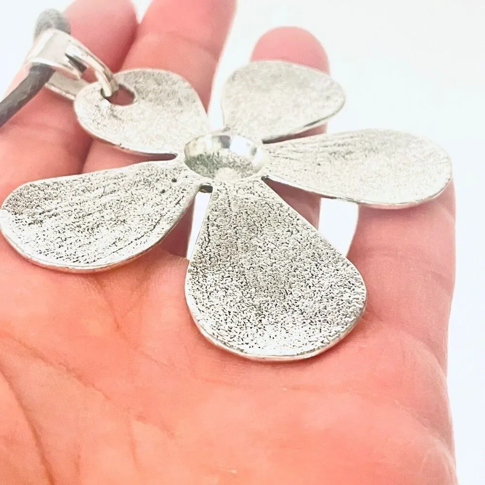 NWT Gorgeous Boho Silver Big Flower Brown Pu Suede Super Long Necklace